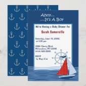 Ahoy It's a Boy Blue Sailboat Baby Shower 招待状 (正面/裏面)