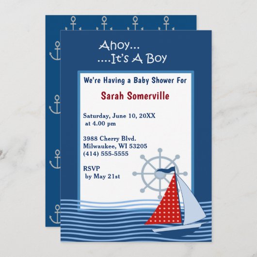 Ahoy It's a Boy Blue Sailboat Baby Shower 招待状 (正面/裏面)