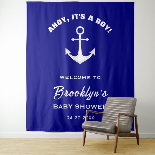 Ahoy Its A Boy Blue White Baby Shower Backdrop タペストリー (インサイチュ)