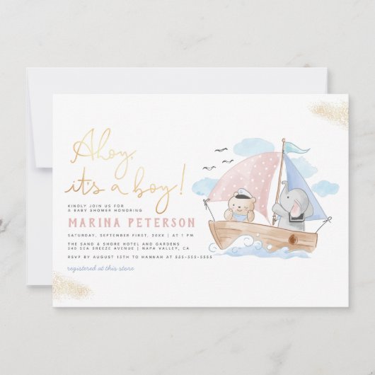 Ahoy It's a Boy Elephant & Bear Boat Baby Shower 招待状 (正面)
