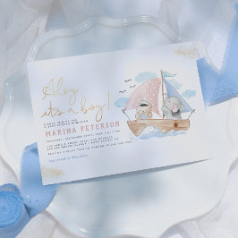 Ahoy It's a Boy Elephant & Bear Boat Baby Shower 招待状