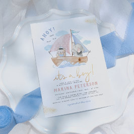 Ahoy It's A Boy Elephant Sailboat Baby Shower 招待状