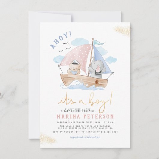 Ahoy It's A Boy Elephant Sailboat Baby Shower 招待状 (正面)