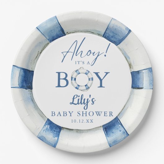 Ahoy Its A Boy Lifebuoy Nautical Baby Shower ペーパープレート (正面)