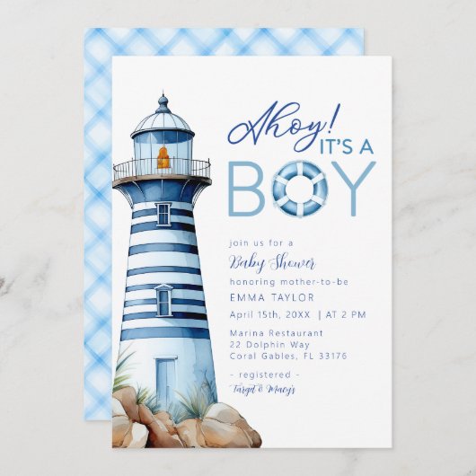 Ahoy It's a Boy Light 航海の House Baby Shower 招待状 (正面/裏面)