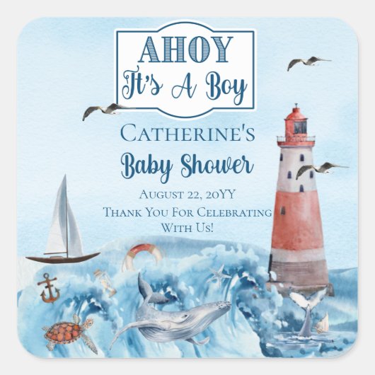 Ahoy It's A Boy Light House海Baby Shower スクエアシール (正面)