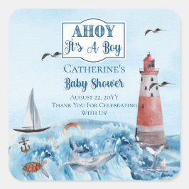 Ahoy It's A Boy Light House海Baby Shower スクエアシール