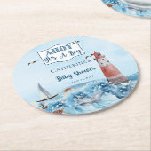 Ahoy It's A Boy Light House海Baby Shower ラウンドペーパーコースター (アングル)