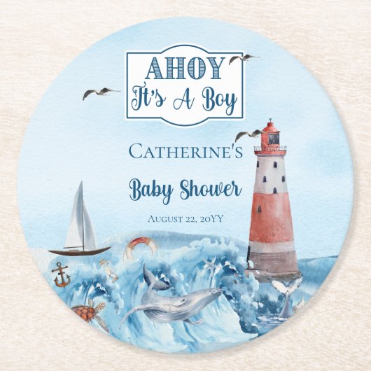Ahoy It's A Boy Light House海Baby Shower ラウンドペーパーコースター (正面)