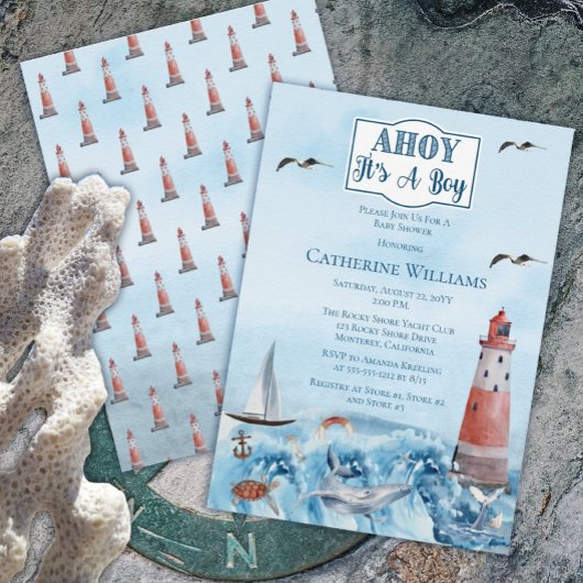 Ahoy It's A Boy Light House海Baby Shower 招待状