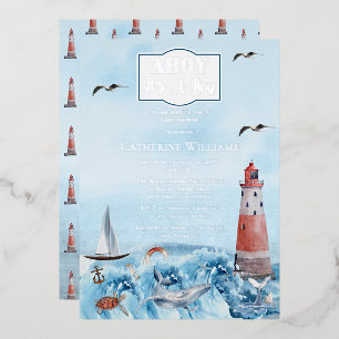 Ahoy It's A Boy Light House海Baby Shower 箔招待状