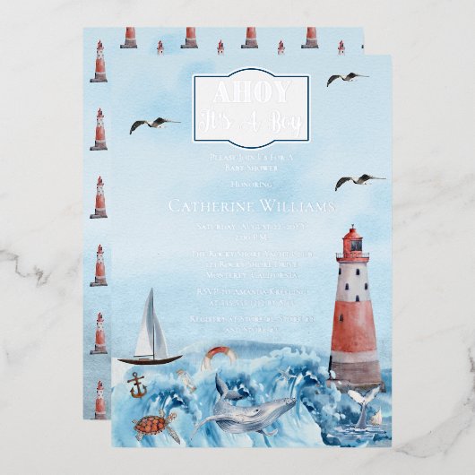 Ahoy It's A Boy Light House海Baby Shower 箔招待状 (正面/裏面)