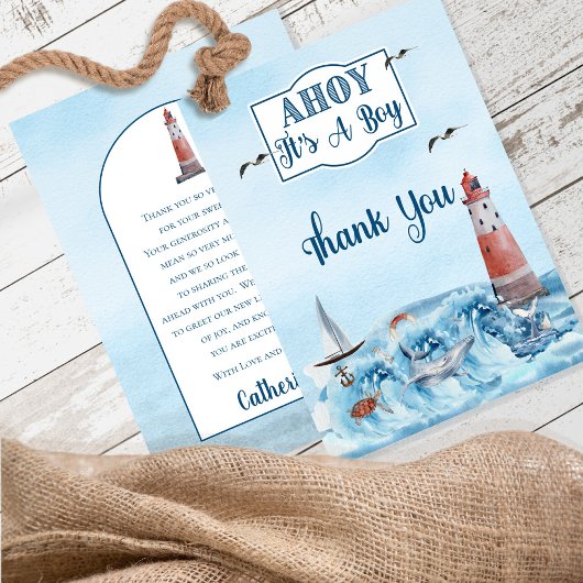 Ahoy It's A Boy Light House Baby Shower Than サンキューカード