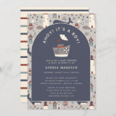Ahoy It's a Boy Nautical Blue Baby Shower 招待状 (正面/裏面)