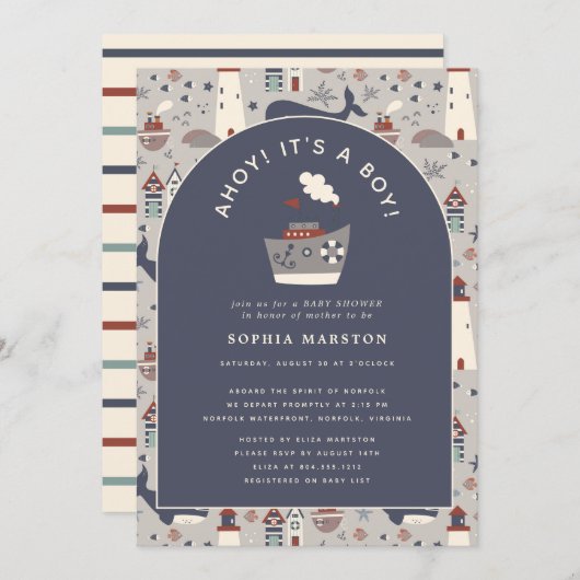 Ahoy It's a Boy Nautical Blue Baby Shower  招待状 (正面/裏面)