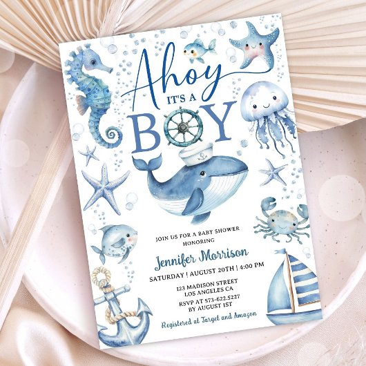Ahoy It's A Boy Nautical Sea Ocean Baby Shower 招待状