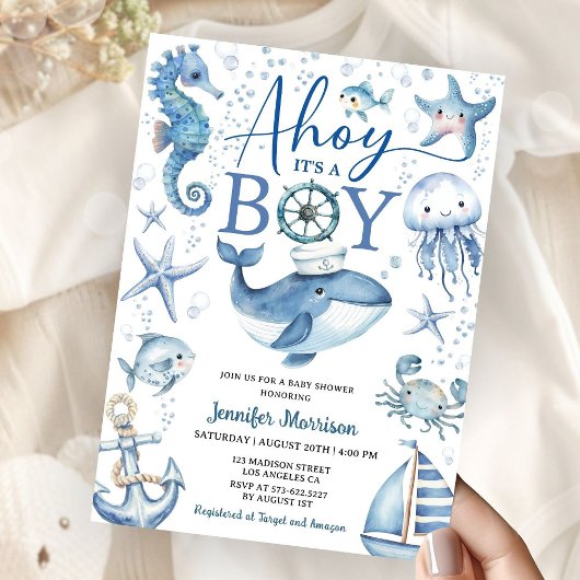 Ahoy It's A Boy Nautical Sea Ocean Baby Shower 招待状