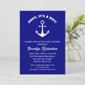 Ahoy Its A Boy Navy Blue Whiteいかりベビーシャワー 招待状 (スタンド正面)