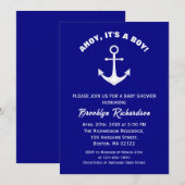 Ahoy Its A Boy Navy Blue Whiteいかりベビーシャワー 招待状 (正面/裏面)