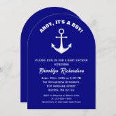 Ahoy Its A Boy Navy Blue Whiteいかりベビーシャワー 招待状 (正面/裏面)