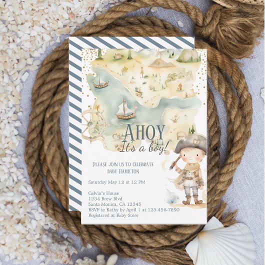 Ahoy It's A Boy Pirate Adventure Baby Shower 招待状