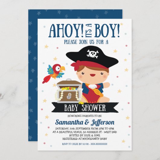 Ahoy It's A Boy Pirate Baby Shower招待状 招待状 (正面/裏面)