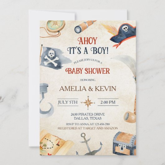 Ahoy It's A Boy Pirate Baby Shower 招待状 (正面)