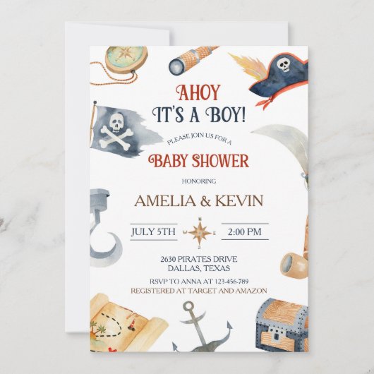 Ahoy It's A Boy Pirate Baby Shower 招待状 (正面)