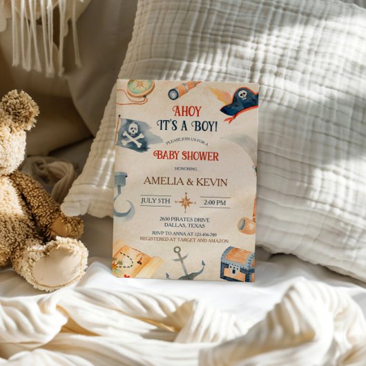 Ahoy It's A Boy Pirate Baby Shower 招待状