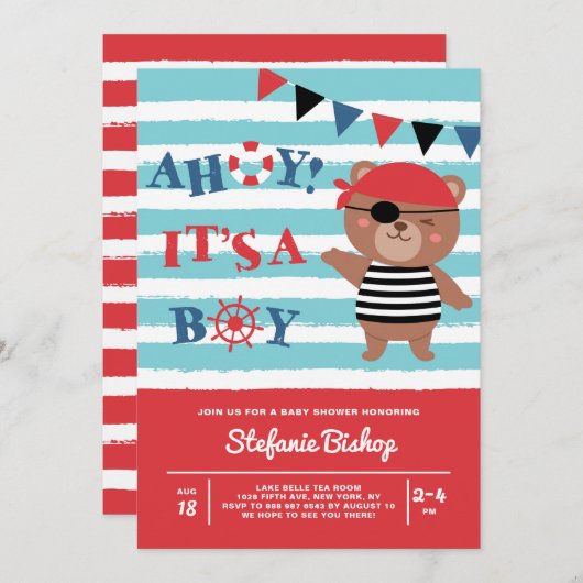 Ahoy It's a Boy Pirate Bear 航海の Baby Shower 招待状 (正面/裏面)
