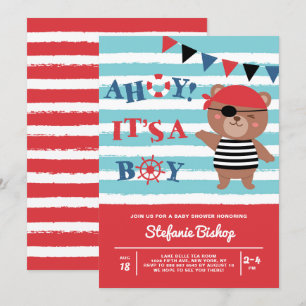 Ahoy It's a Boy Pirate Bear 航海の Baby Shower 招待状