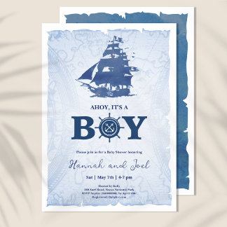 Ahoy Its a boy Pirate Ship Baby 航海の Shower 招待状
