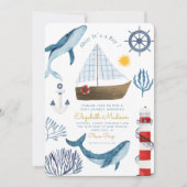 Ahoy It's a boy sail Whale Light house Baby Shower 招待状 (正面)