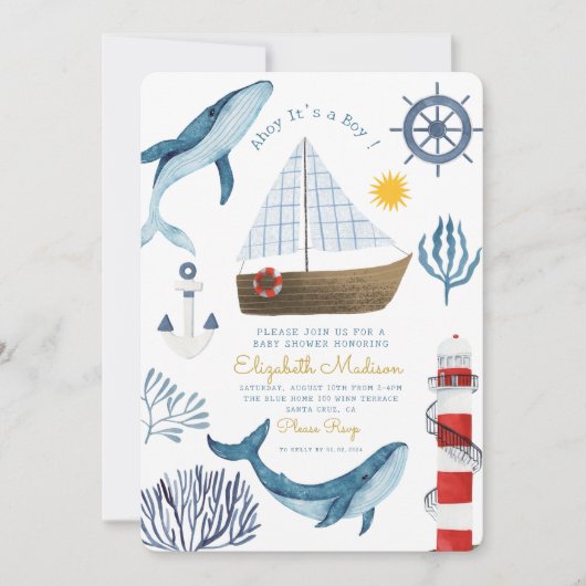 Ahoy It's a boy sail Whale Light house Baby Shower 招待状 (正面)