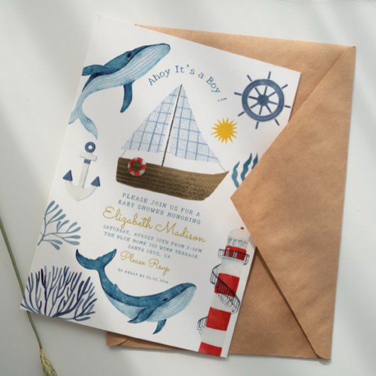 Ahoy It's a boy sail Whale Light house Baby Shower 招待状
