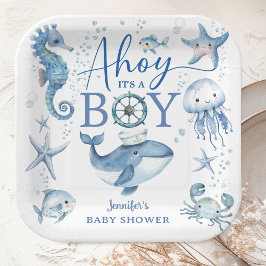 Ahoy it's A Boy Sailor Nautical Baby Shower Blue  ペーパープレート
