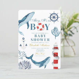 Ahoy It's a boy Sear Whale Sea Baby Shower 招待状