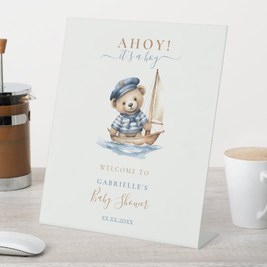 Ahoy it's a Boy Teddy Bear Baby Shower Welcome 台座サイン (インサイチュ)