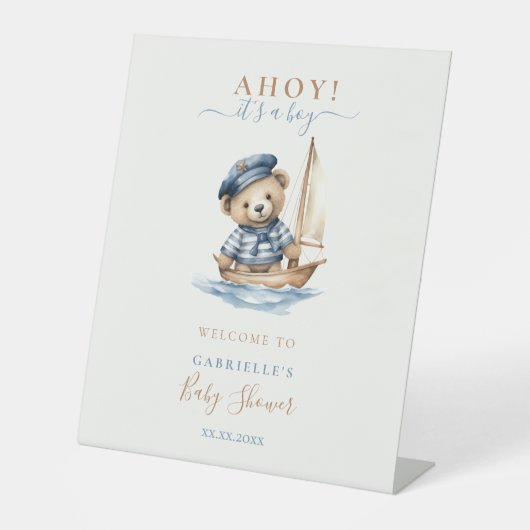 Ahoy it's a Boy Teddy Bear Baby Shower Welcome 台座サイン (正面)