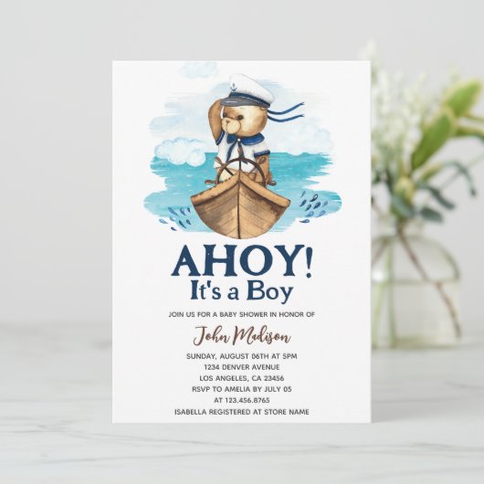 Ahoy It's a Boy Teddy Bear Bear Baby Shower 招待状 (スタンド正面)