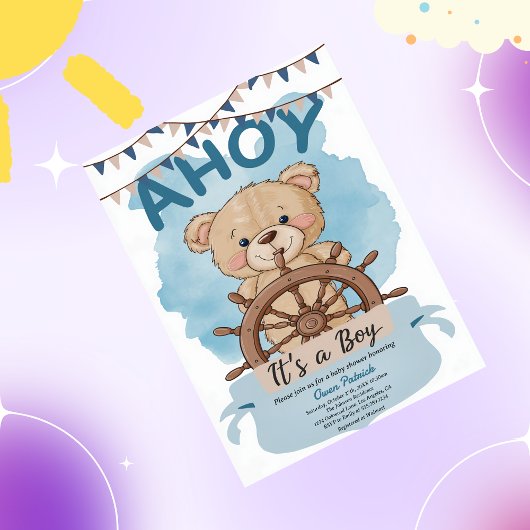 Ahoy It's A Boy Teddy Bear Sailboat Baby Shower 招待状