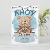 Ahoy It's A Boy Teddy Bear Sailboat Baby Shower 招待状 (スタンド正面)