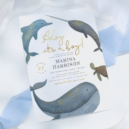 Ahoy It's A Boy Water Color Sea Animals Baby Showe 招待状