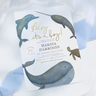 Ahoy It's A Boy Water Color Sea Animals Baby Showe 招待状
