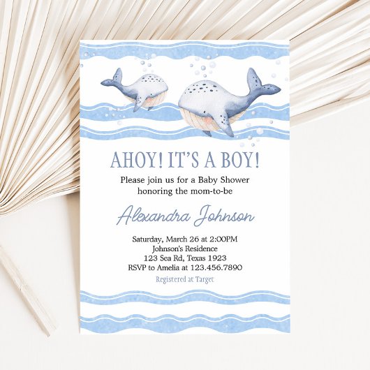 Ahoy It's a Boy Whale Baby Shower  招待状