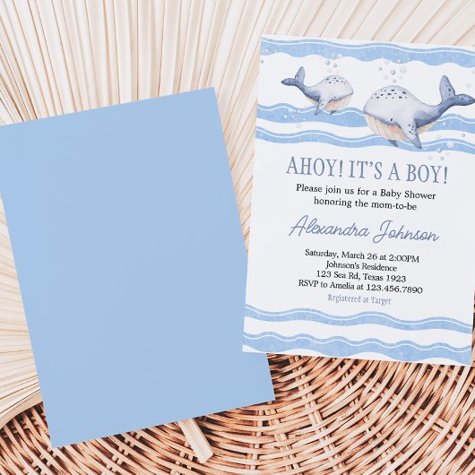 Ahoy It's a Boy Whale Baby Shower 招待状
