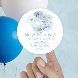 Ahoy It's A Boy Whale Baby Shower Thank You ラウンドシール