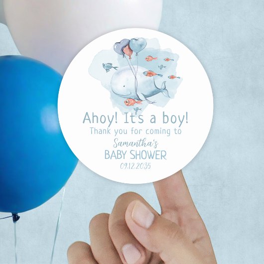Ahoy It's A Boy Whale Baby Shower Thank You ラウンドシール