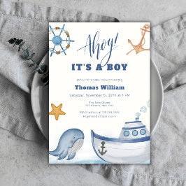 Ahoy It's A Boy Whale Sailboat Baby Shower 招待状