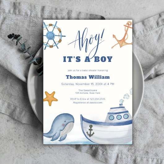 Ahoy It's A Boy Whale Sailboat Baby Shower 招待状